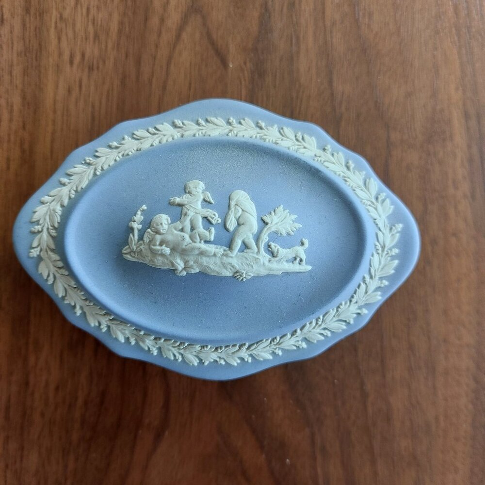 Dusty Blue Wedgewood Jasperware Jewelry Box with Cherub Décor